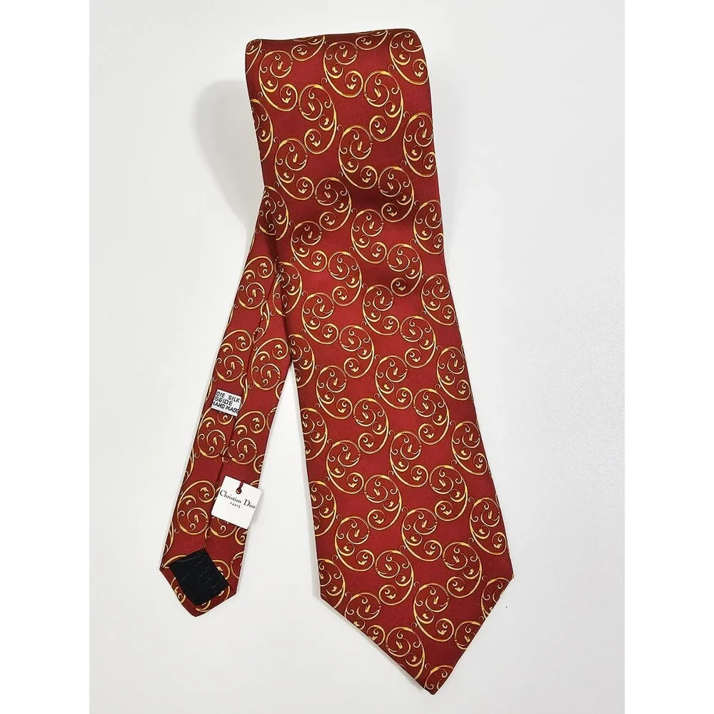 Christian Dior Vintage Red Yello Scroll Silk Tie Made in France